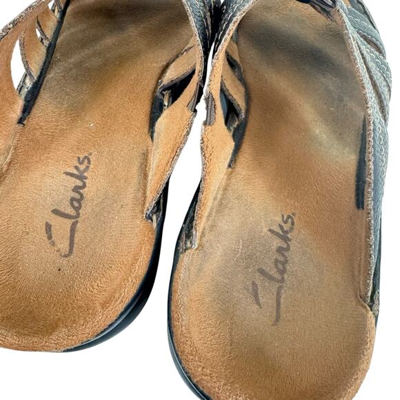 Clarks Brown Pebbled Leather Strappy Slip On Low Heel Slide Sandals Size 8 - Picture 6 of 8